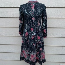 Wild Flower Long Sleeve Short Women Black Pink Retro Vintage Shift S