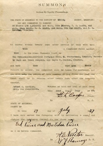 Cross County Arkansas 1927 Court Summons Action by Equity Sheriff H.E. Proctor - Picture 2 of 2
