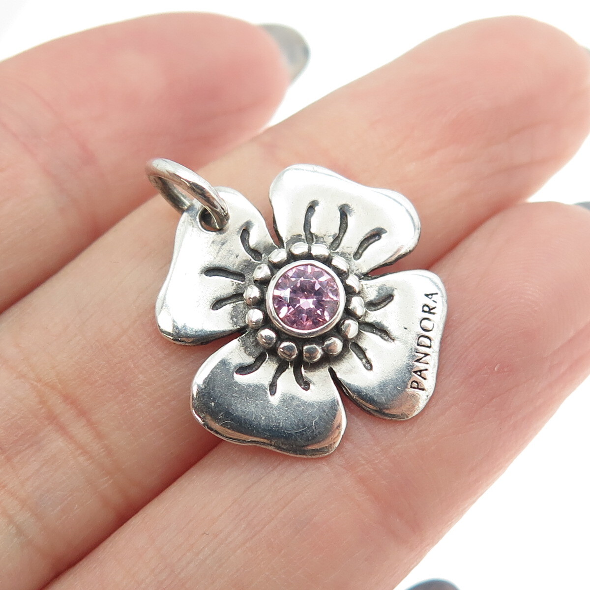 PANDORA 925 Sterling Silver Purple C Z Flower Blossom Charm