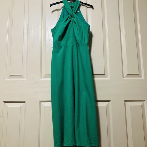 REVIEW Green Linen Halter Dress Waist Tie Womens Size 10 - Picture 9 of 18
