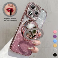 For iPhone 16 15 14 13 12 11 Pro Max Mirror Bling Kickstand Case Lens Protector