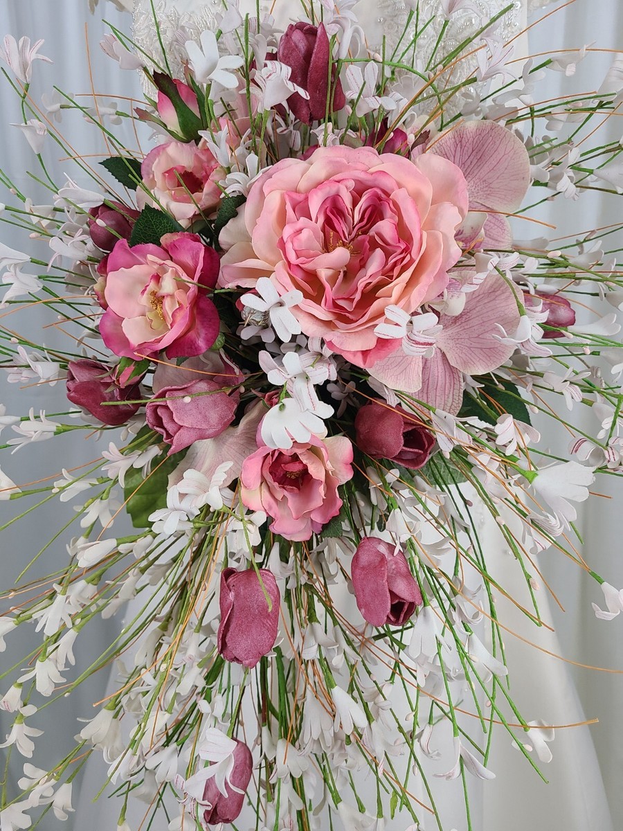 【希少品】Wedding Flowers Spring Spirea and Tulip Garden Faux Cascade Wedding Bouquet
