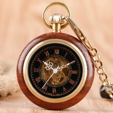 Vintage Wood Open Face Roman Numbers Men Women Mechanical Pocket Watch Chain