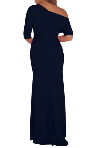 NEW BETSY & ADAM One-Shoulder Crepe Scuba Trumpet GOWN Sz 14 $249 NAVY NORDSTROM - Afbeelding 2 van 2
