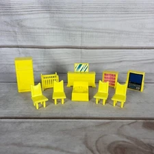 Vintage Yellow Plastic Doll House Furniture Dresser Fridge Chairs TV Crib Sink
