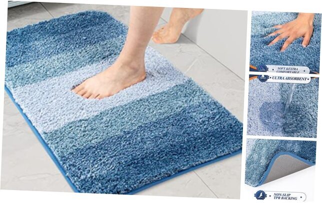 Non-Slip Ombre Blue Bathroom Rug - Soft 16x24 Inch Shower Mat  