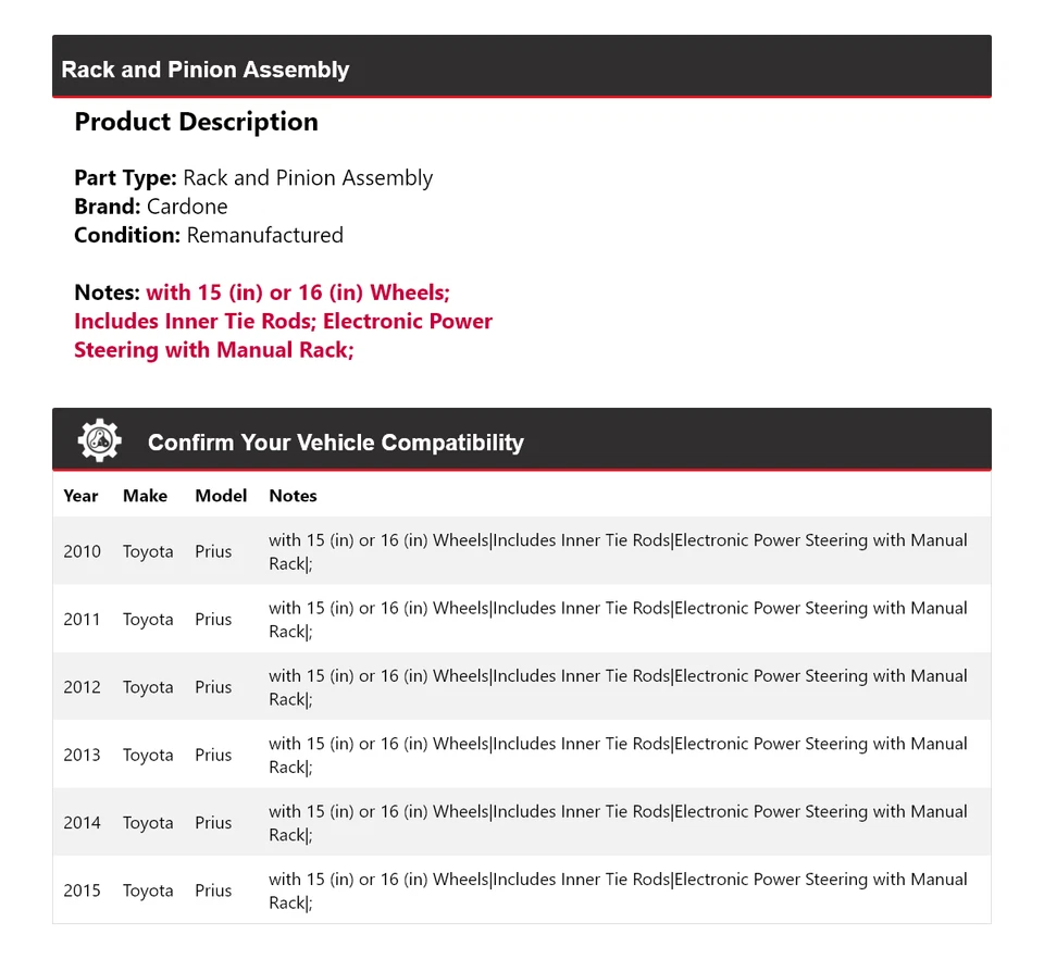 Montaje de piñón y cremallera para Toyota Prius 2010-2015 Cardone 2011 2012 2013 2014 Foto 2 de 3