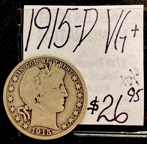 1915 D 50c Barber Silver Half Dollar Coin (VG+) Very Good Condition. ENN Coins