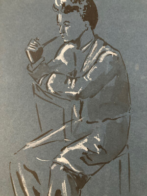 Très Beau Dessin Portrait jeune Homme A la pipe encre gouache 1940 A Identifier