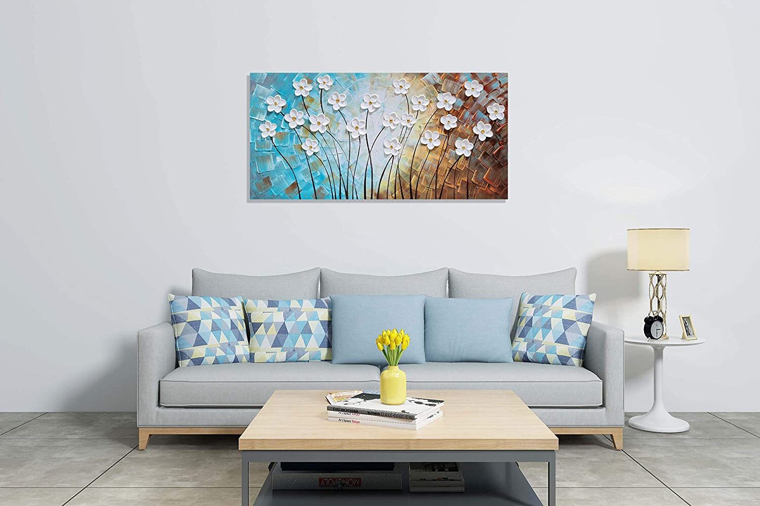 Art Oil Painting On Canvas Flowers White Modern Handmade 20x40 inch