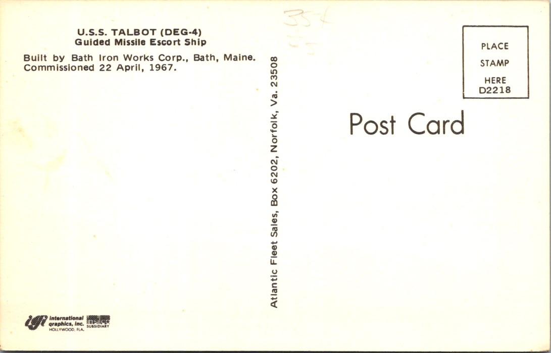 U.S.S. Talbot DEG-4 Brooke-Class Frigate Postcard 1970s Bath Iron Works thumbnail 2