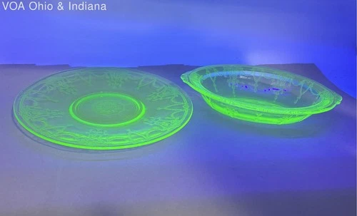 Uranium Depression Glass Green Swag Drape 2 Pc Lot Bowl Plate Vintage