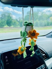 Crochet Sunflower Car Hanging Plant, Rearview Mirror Decor