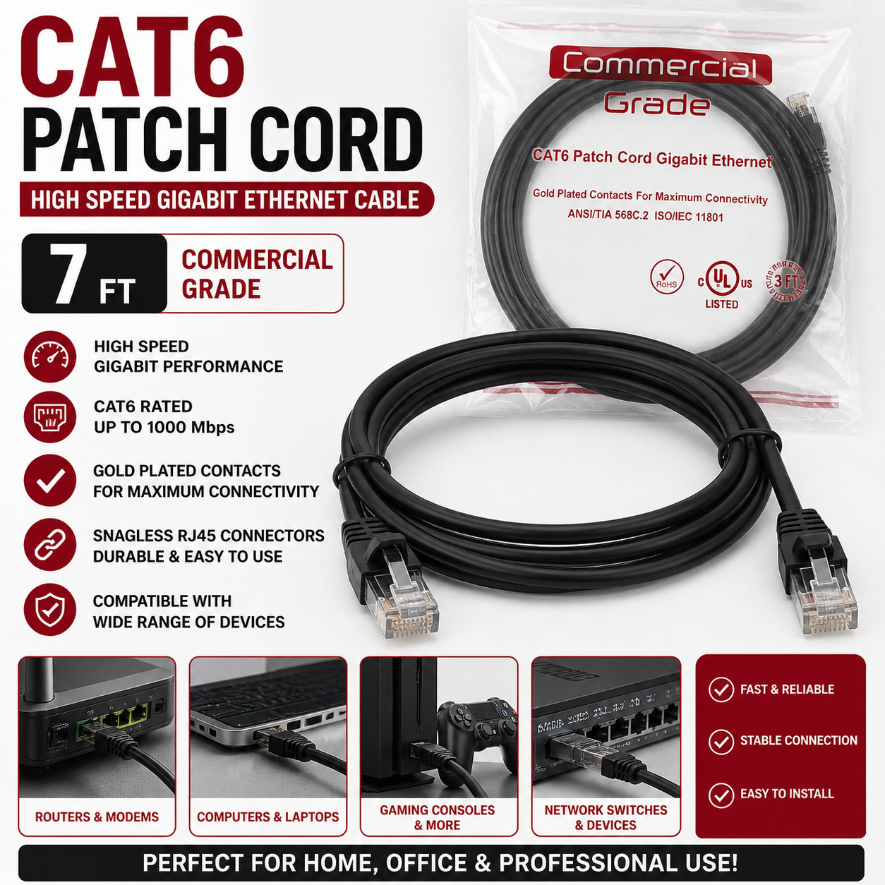 CAT6 Ethernet Cable 7FT – Gigabit Network Patch Cord RJ45 Commercial Grade NEW-image