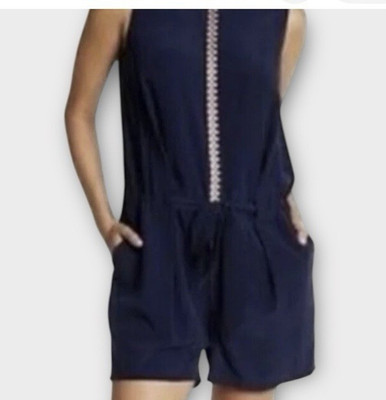 Tory Burch Navy Sleeveless Silk Marguerite Drawstring Romper XL