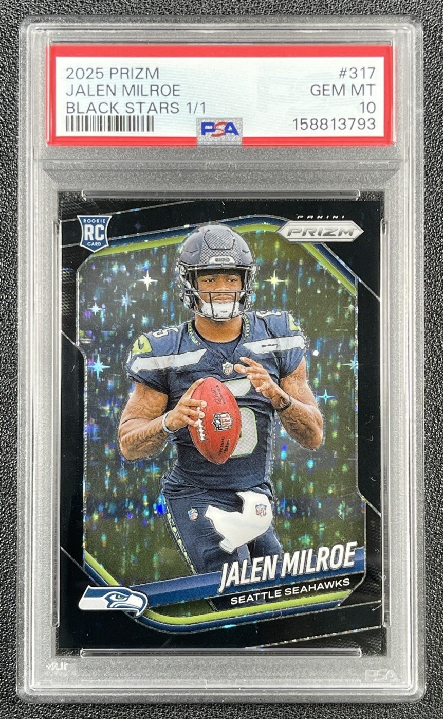 JALEN MILROE PSA 10 2025 PANINI PRIZM #317 ROOKIE BLACK STARS RC 1/1 SEAHAWKS