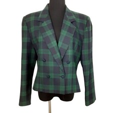 Vintage 80s Wool Blazer Green Tartan Plaid Double Breasted Jacket Dark Academia
