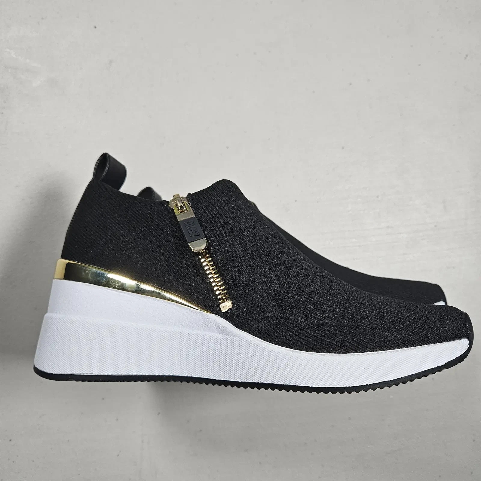DKNY Palma Womens Wedge Trainers UK 4 EU 37 Black Gold Zip Slip On Shoes image 4