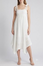 Moon River white lined boho-style linen-blend sundress with tie straps, size S