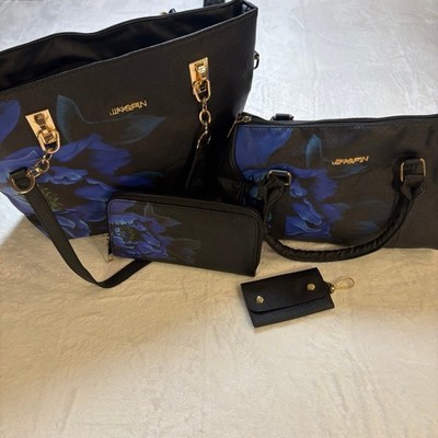 4 Pc Matching Handbag Set Blue Floral Tote Satchel Wallet Wristlet Key Holder Pu