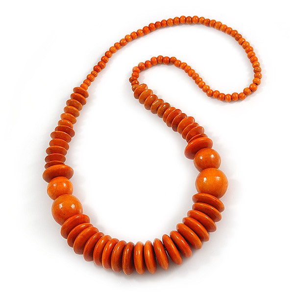 Orange Wood Bead Necklace - 68cm Long