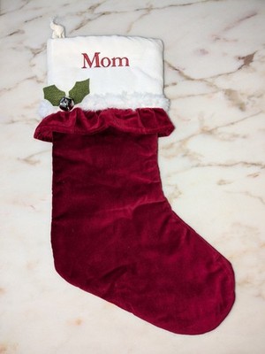 POTTERY BARN Kids  VELVET RED STOCKING MOM EMBROIDERED Personalized Faux Fur