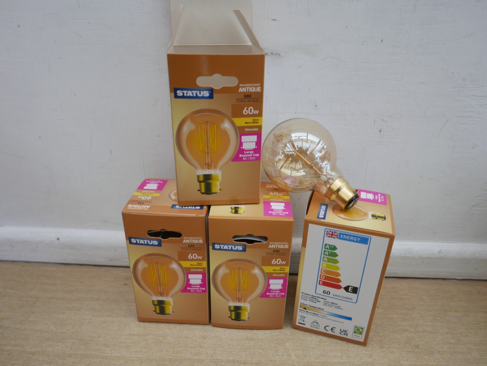 4 X STATUS CRYSTALITE 60W BC GOLDEN ANTIQUE GLOBE LAMPS