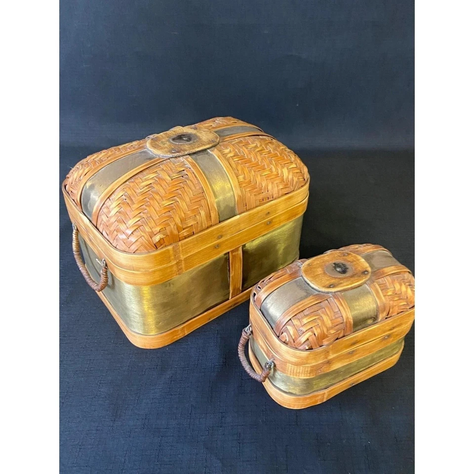 Vintage Asian Brass Bamboo Wicker Trinket Boxes Set Decorative Lidded Baskets - Image 3 of 4