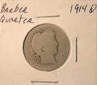 1914 D Barber Quarter - U.S. 25 cents silver coin in circulated condition