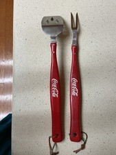 Vintage Coca Cola Barbecue Tool Set 2 Piece Spatula, Meat Fork Wood Handles