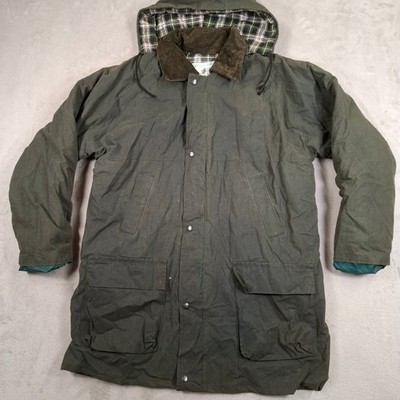 Country Wear Coat Mens Large Green Wax Jacket Hooded Tartan Lined Hunting