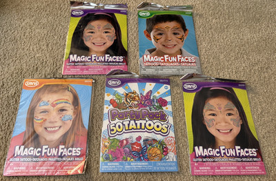 Lof of 5 Magic Fun Face Tattoos Tiger Rainbow Paisley Party Pack Made in USA