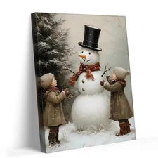 Vintage Christmas Snowman Boys Xmas Wall Art Prints Farmhouse Christmas Decor