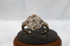 9ct Yellow Gold Sapphire & Diamond Cluster Ring - Size P - UK hallmark