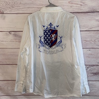 Hama Denim Co Mens Shirt XL White Blue Button Front Crest Spell Out B25