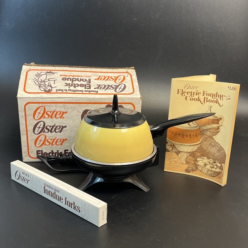Vtg 70's Oster Electric Fondue Set Yellow 6 Forks Cookbook Original Box Retro