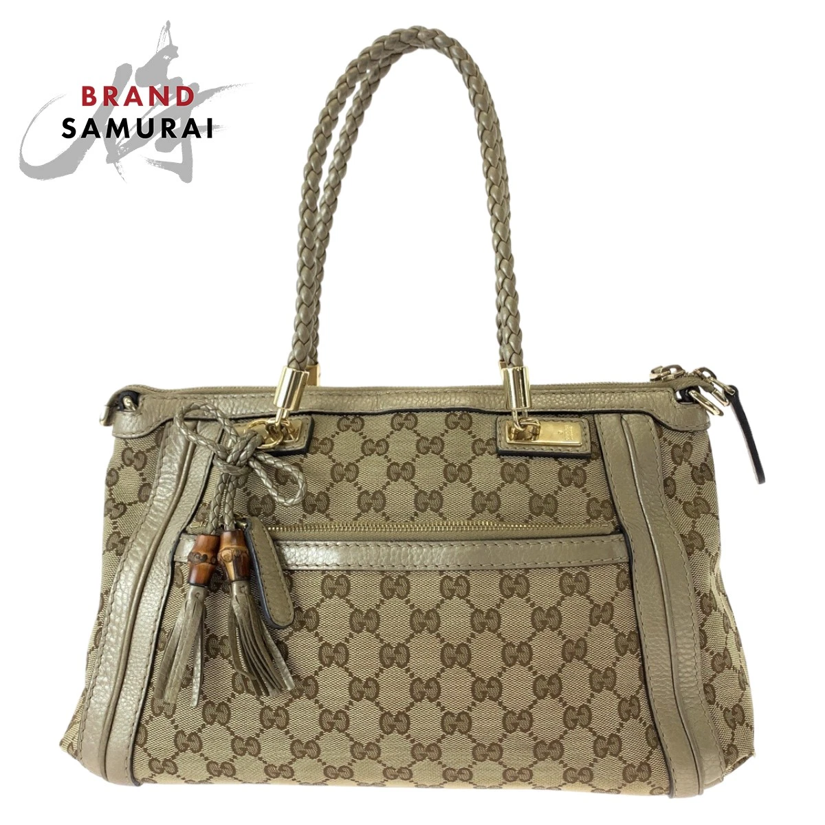 Sac fourre tout GUCCI Bella ruban bambou marron or quincaillerie toile GG 282300
