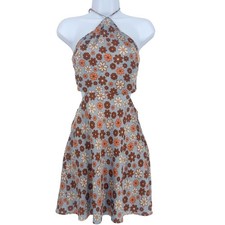Retro Floral Halter Mini Dress Cutout Blue Brown Orange 70s Boho Hippie Small