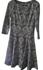 Eliza J Black Dress Size 10 Cream Floral Fit & Flare 3/4 Sleeve Embossed 3D 