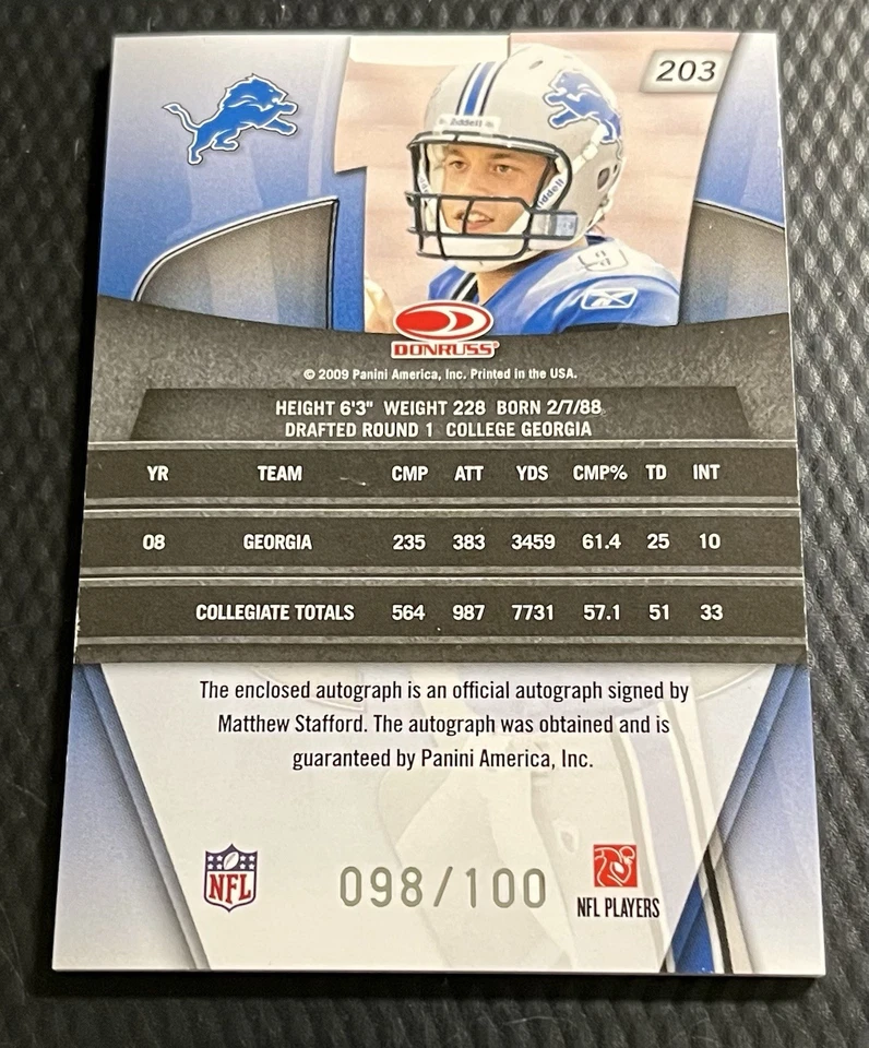 2009 Matthew Stafford Lions 98/100 Donruss Gridiron Gems Auto RC Jersey #203 - Image 3 of 4