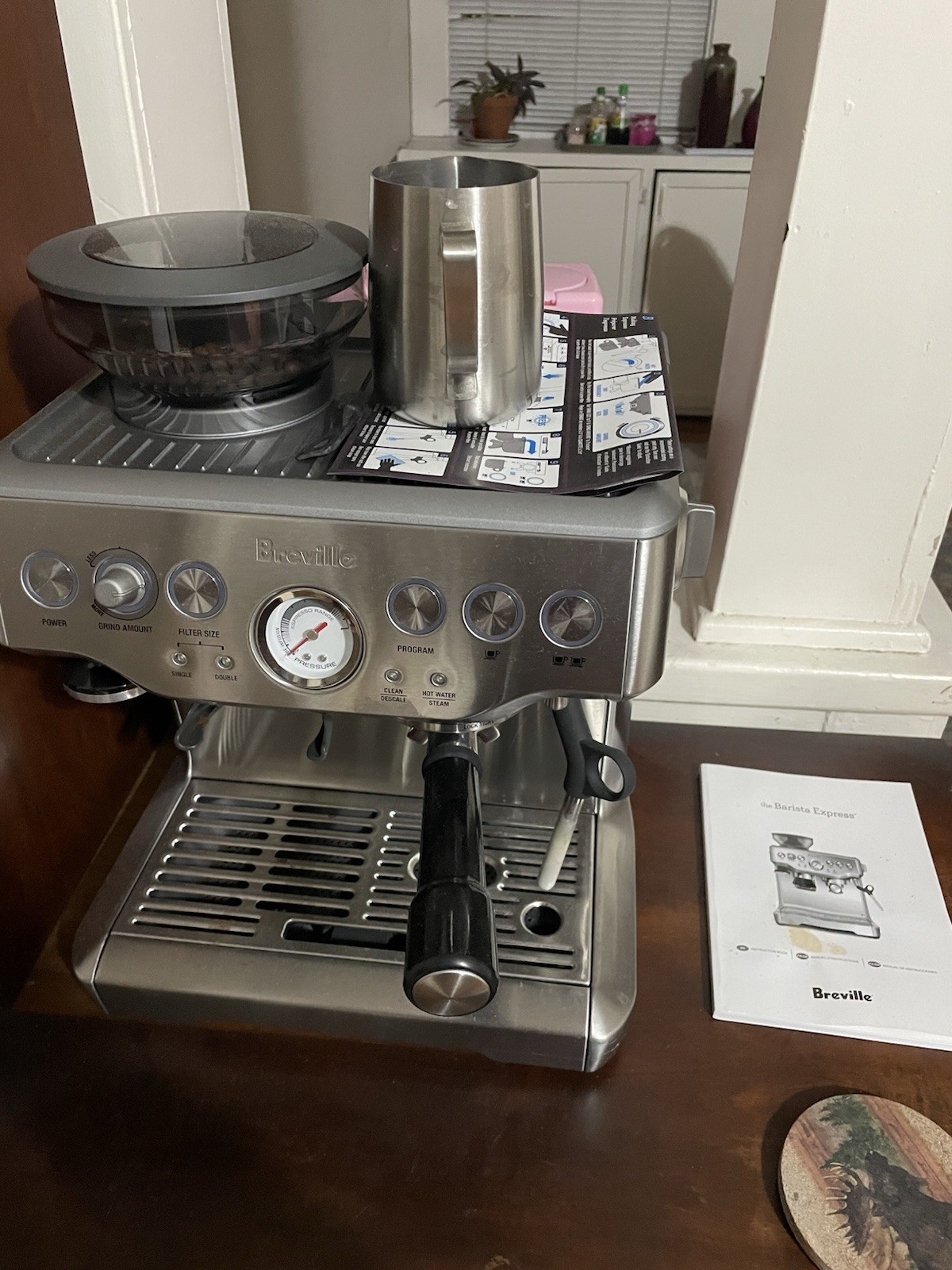 Espresso Machine, Burr Grinder, Steam Wand, Silver