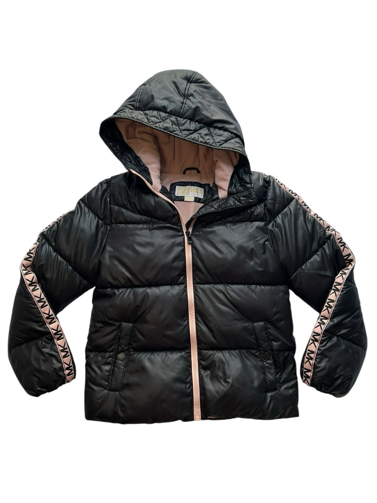 Michael Kors Puffer Coat Ragazza 14 Nero Rosa MK Manica Logo Giacca con Cappuccio Y2K