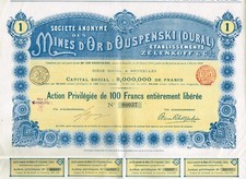 RUSSIA OUSPENSKY GOLD MINES  (URALS) stock certificate/bond 1898