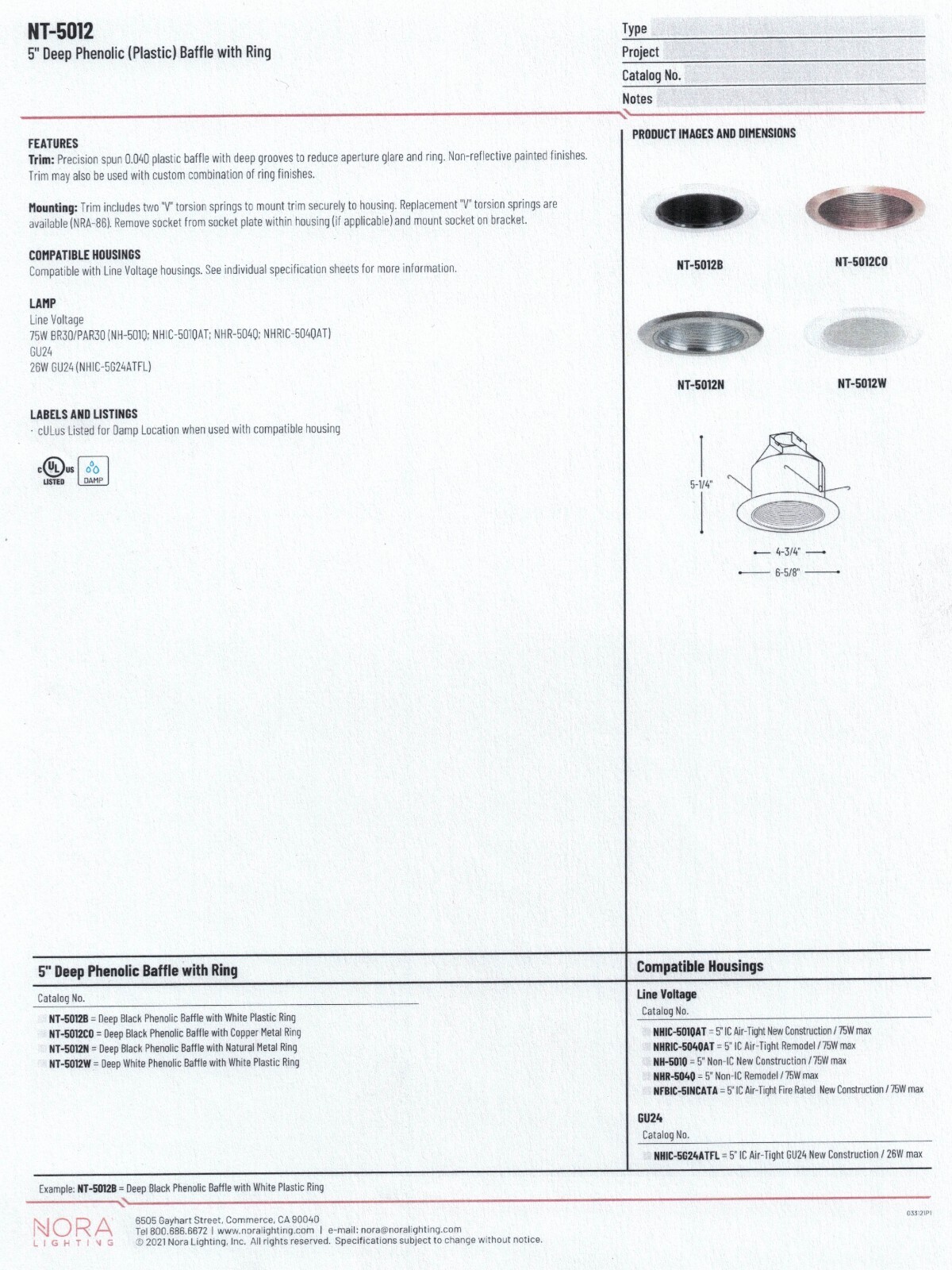 Halo recessed lighting 5" deep Phenolic Baffle with Ring NT-5012B-Black & White