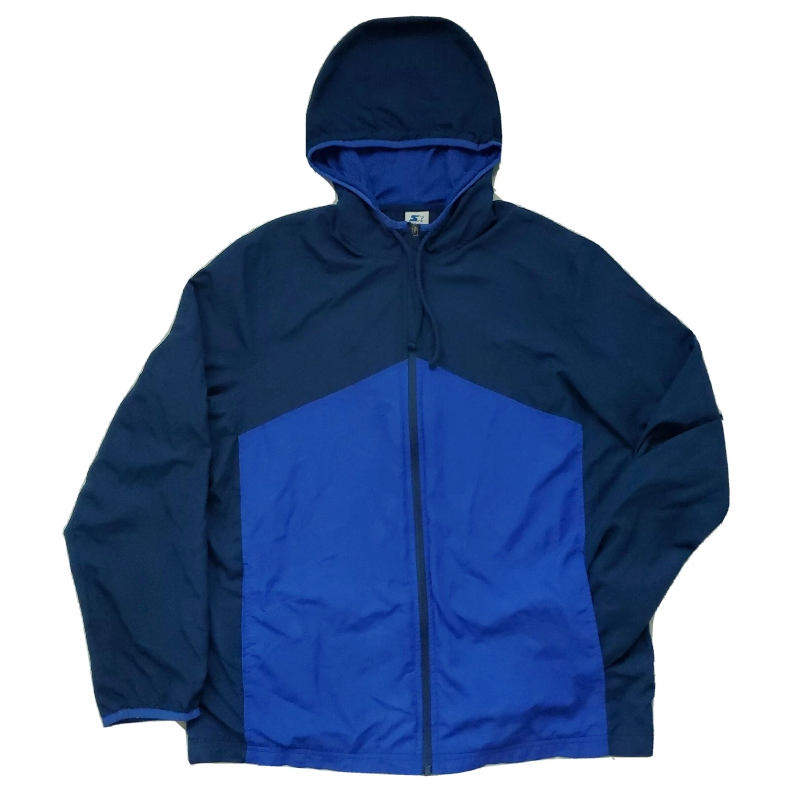 Starter Blue Windbreaker Light Jacket Mens L Hooded Full Zip Long Sleeve Vintage