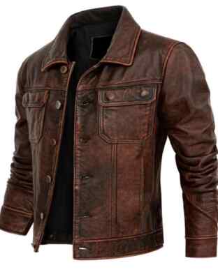 New Mens Biker Cafe Racer Brown Trucker Genuine Leather Vintage Jacket
