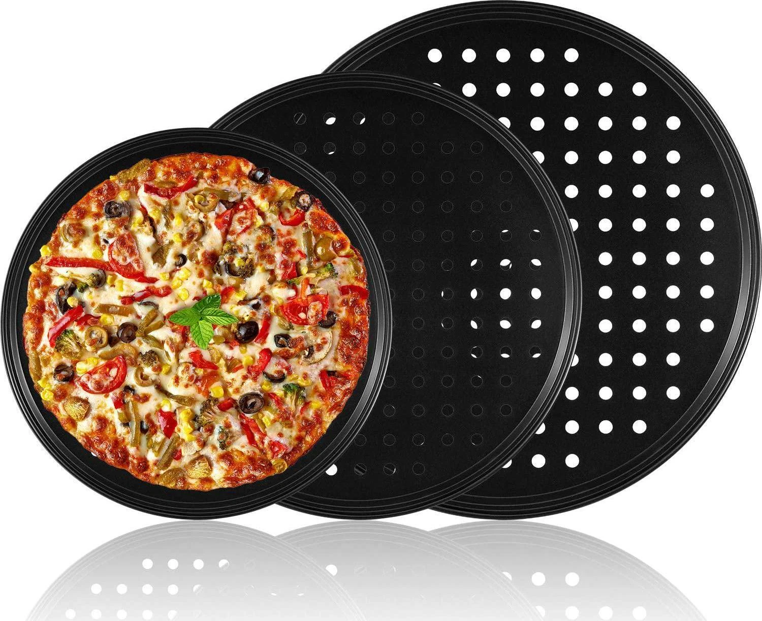 3 Piece Pizza Crisper Pan Carbon Steel Non-Stick Round Pizza Tray with Holes