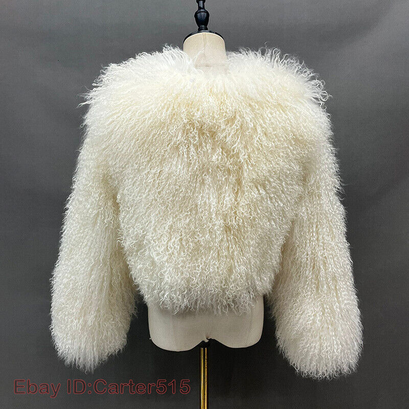 Women 100percent Real Cropped Mongolian Fur Coat Solid Warm Luxury Winter Fur Jacket image 10