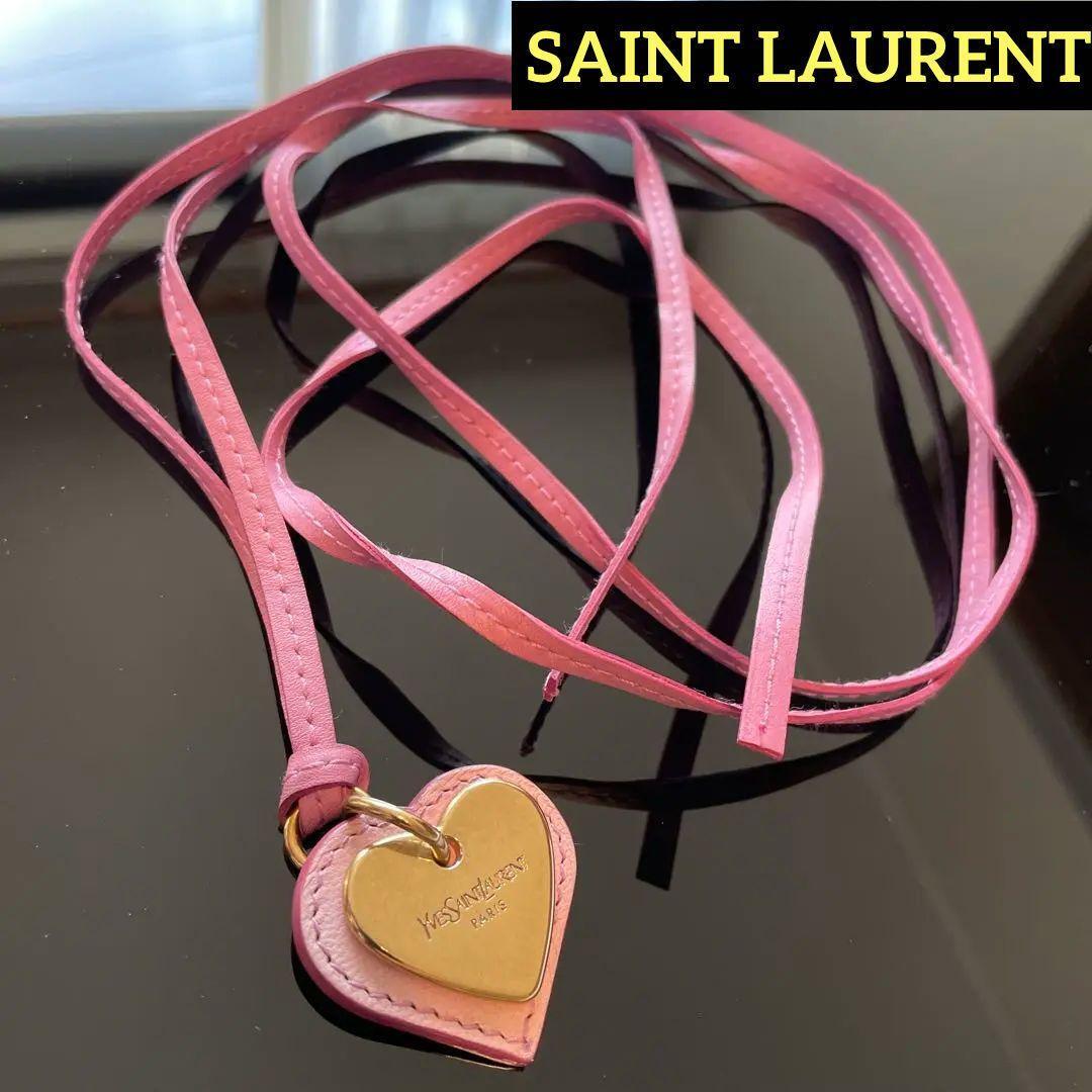 SAINT LAURENT Necklace Heart Leather Pendant Pink Gold From