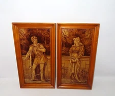 RARE 19th Century Matching Framed Antique Tile Panels of a Knight & Lady